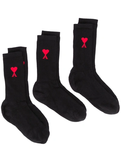 Shop Ami Alexandre Mattiussi Three Pack Of Logo Detail Socks In Black