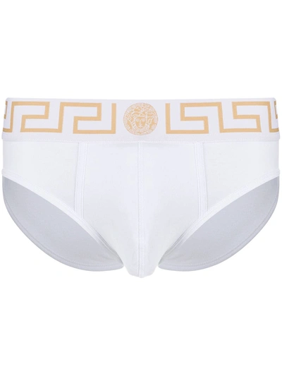 Shop Versace Greca Waistband Briefs In White