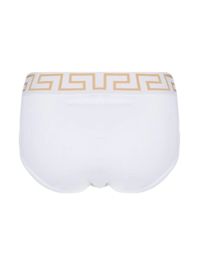 Shop Versace Greca Waistband Briefs In White