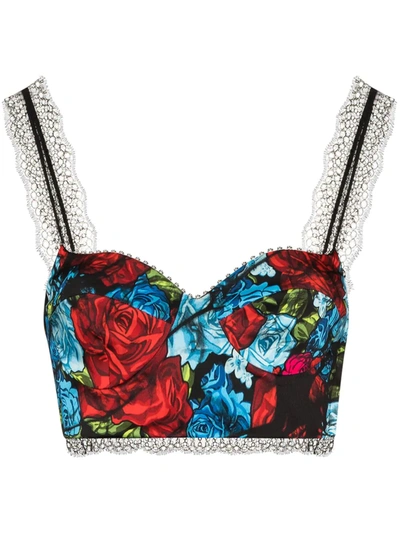 Shop Versace Floral-print Lace Bustier Top In Black