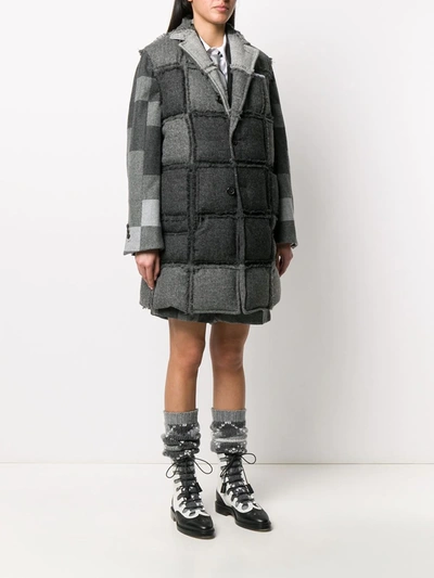 Shop Thom Browne Shetland Wool Padded Patchwork Check Coat In Grey