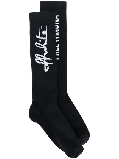 Shop Off-white Quote Print Long Socks In Black