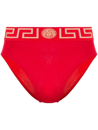 Shop Versace Greca Border High-waisted Briefs In Red