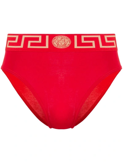 Versace Greca Border High-waisted Briefs In Red