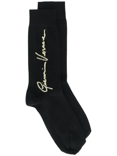 Shop Versace Signature Print Socks In Black