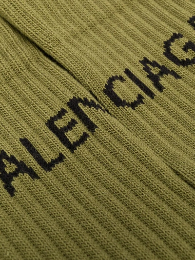Shop Balenciaga Logo Print Ribbed Ankle Socks In Green