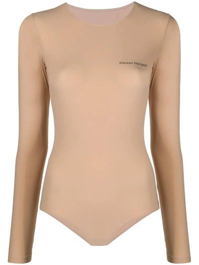 Shop Mm6 Maison Margiela Logo-print Long-sleeve Bodysuit In Neutrals