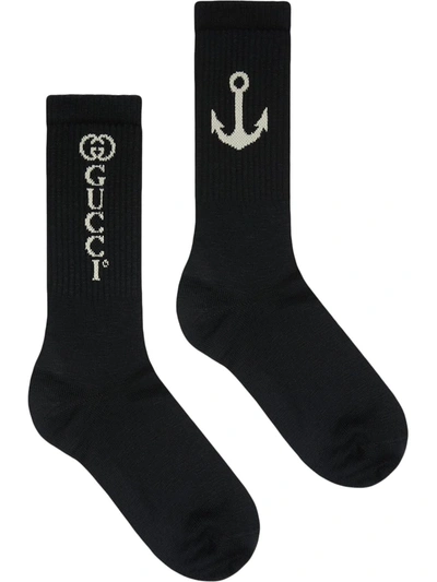 Shop Gucci Jacquard Lettering Logo Socks In Black