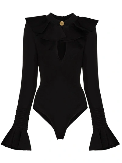 Shop Balmain Ruffle Trim Bodysuit In Black