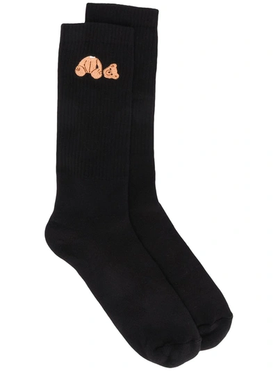 Shop Palm Angels Teddy-embroidered Mid-calf Socks In Black