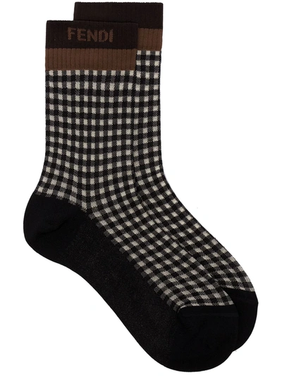 Shop Fendi Jacquard Gingham-print Socks In Brown