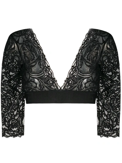 Shop Versace Logo Lace Crop Top In Black