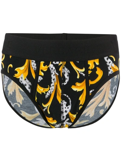 Shop Versace Baroque-print Briefs In Black