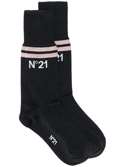 Shop N°21 Glitter Logo Print Ankle Socks In Black