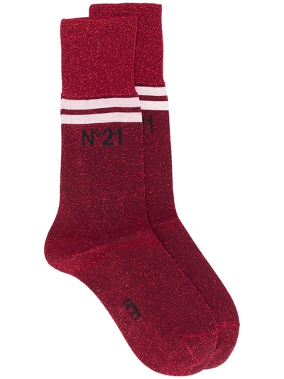 Shop N°21 Glitter Logo Print Ankle Socks In Red