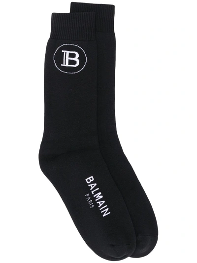 Shop Balmain Logo Print Mid-length Socks In Black
