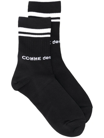 Comme Des Garçons Striped-edge Logo-print Socks In Black