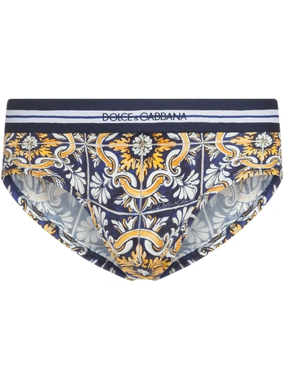 Shop Dolce & Gabbana Maiolica-print Cotton Briefs In Blue
