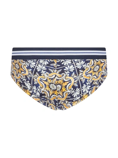 Shop Dolce & Gabbana Maiolica-print Cotton Briefs In Blue