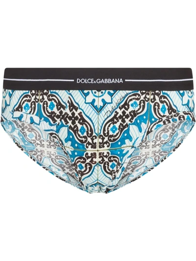Shop Dolce & Gabbana Tile-print Briefs In Blue