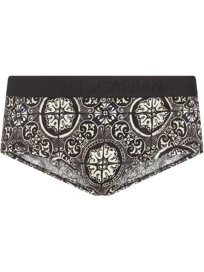 Dolce & Gabbana Cotton Brando Briefs With Maiolica Print On A Black Background In Black