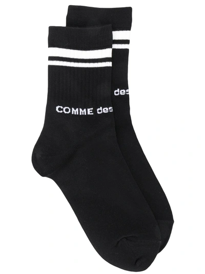 Comme Des Garçons Striped-edge Logo-print Socks In Black