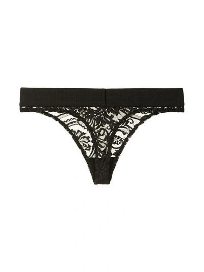 Shop Versace Floral Lace Thong In Black