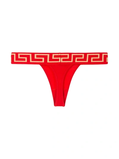 Shop Versace Greca Medusa Waistband Thong In Red