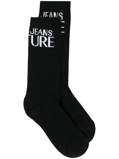 Shop Versace Jeans Couture Logo Embroidered Knit Socks In Black