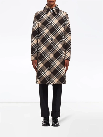 Shop Prada Check-print Wool Coat In Brown