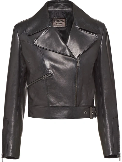 Shop Prada Cropped Biker Jacket In Black
