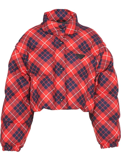 Shop Prada Plaid Puffer Jacket In Red