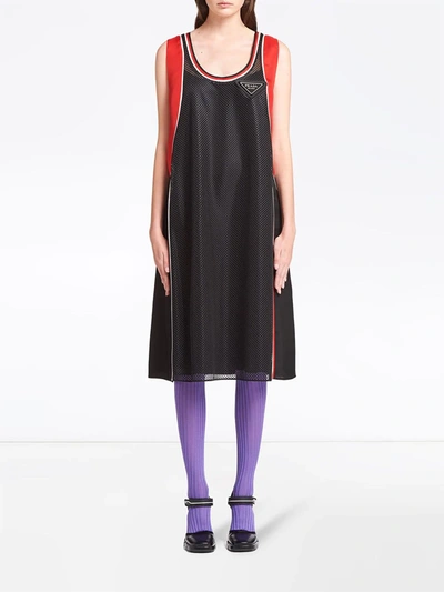 Shop Prada Logo Plaque Mesh Dress In Black