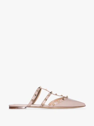 Shop Valentino Neutral Rockstud Patent Leather Mules In Neutrals