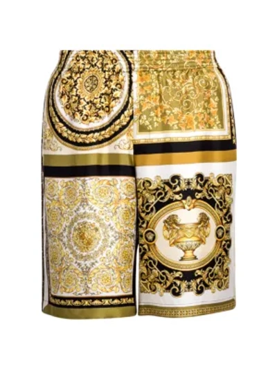 Shop Versace Men's Stamp Silk Shorts In Gold Brown