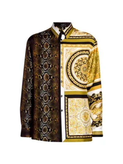 Shop Versace Men's Silk Button-up Shirt In Gold Brown