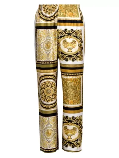 Shop Versace Bi-color Print Silk Pants In Gold Brown