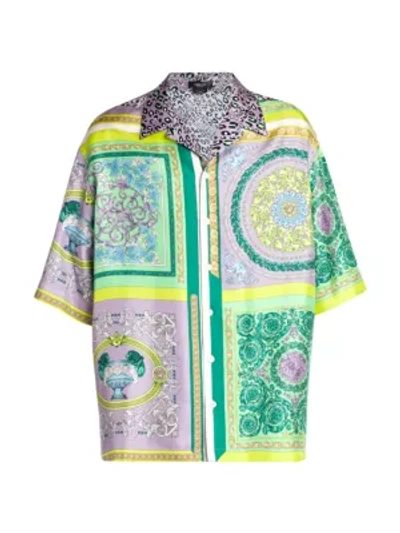 Shop Versace Men's Printed Silk Short-sleeve Shirt In Neutral