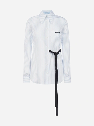 Shop Prada Bow-detail Striped Cotton Shirt In Sky