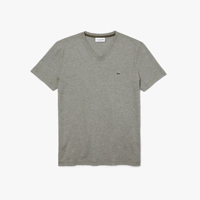 Shop Lacoste Men's V-neck Pinstriped Cotton T-shirt In Khaki Green,white