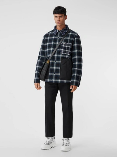 Shop Burberry Contrast Pocket Check Wool Cotton Overshirt In Black