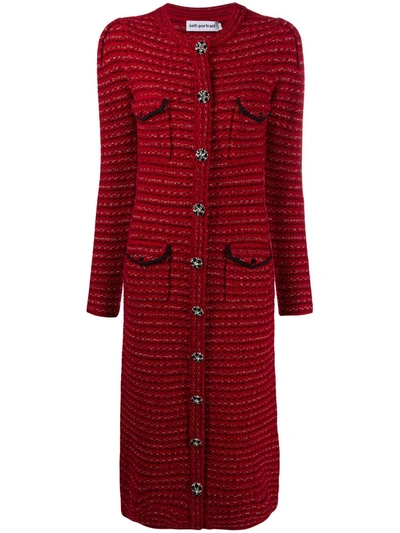 Shop Self-portrait Chunky-knit Long Cardigan In Red