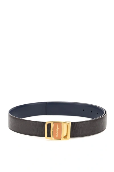 Shop Ferragamo Reversible Leather Belt With Double-face Buckle In Brown,blue