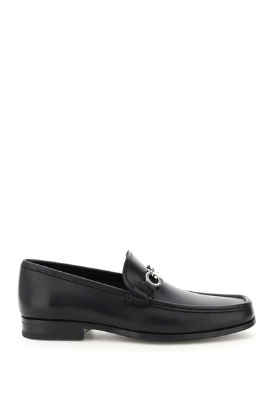 Ferragamo Grandioso Leather Loafer With Gancini Detail In Black