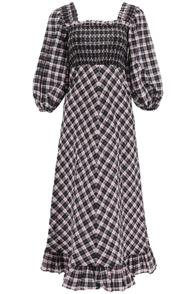 Shop Ganni Midi Checkered Dress In Black,pink