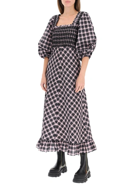 Shop Ganni Midi Checkered Dress In Black,pink
