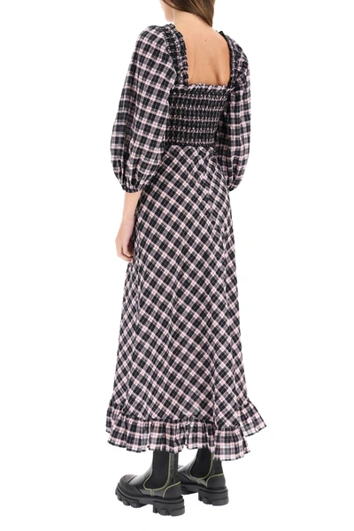 Shop Ganni Midi Checkered Dress In Black,pink