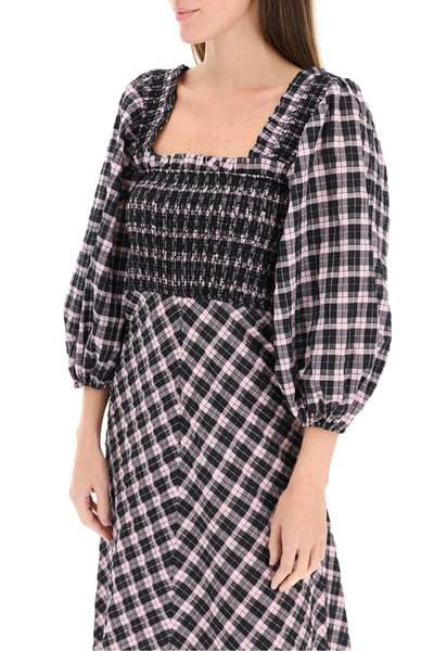 Shop Ganni Midi Checkered Dress In Black,pink