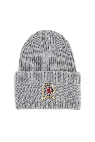 Shop Tommy Hilfiger Classic Knit Hat With Logo Embroidery In Grey