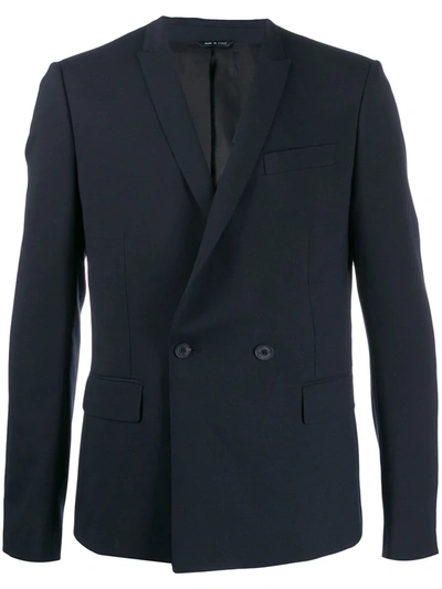 Shop Les Hommes Plain Double Breasted Blazer In Blue